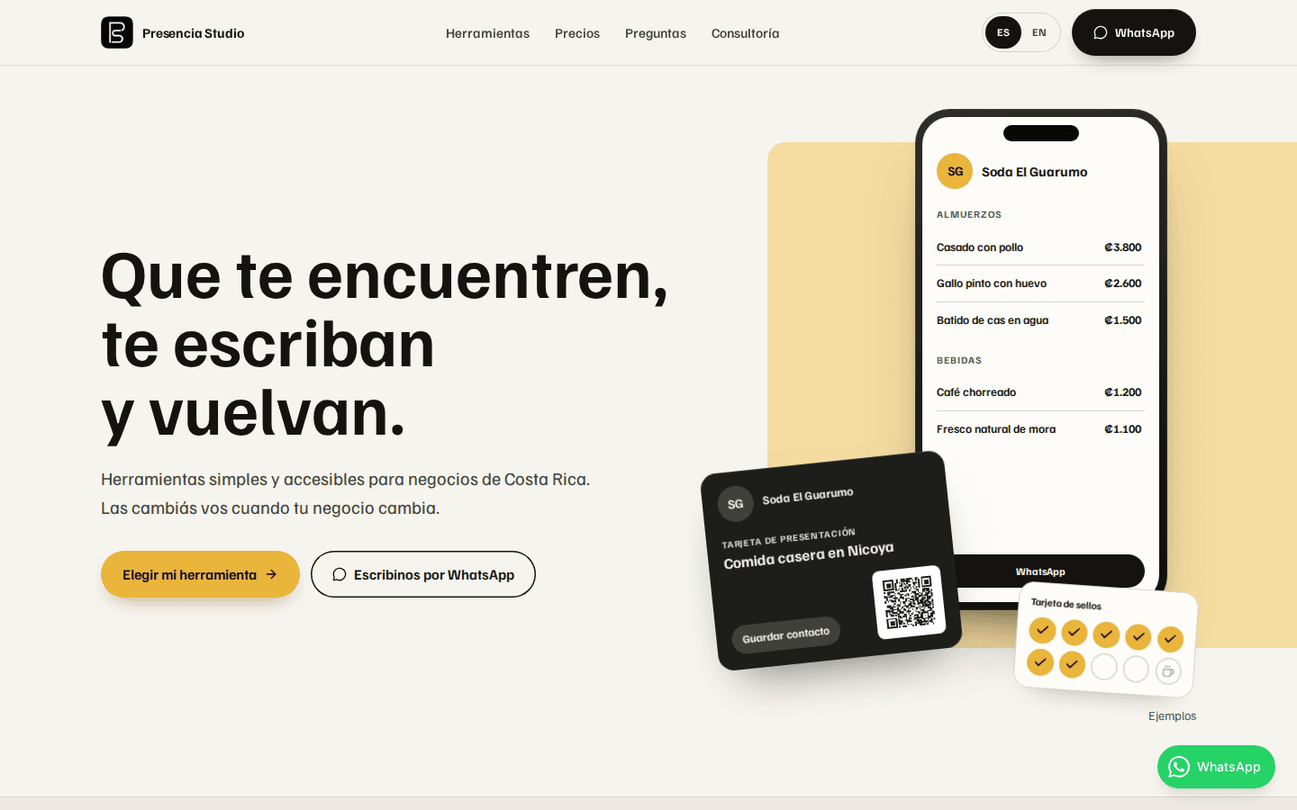 The Presencia Studio homepage in Spanish, with an English toggle, showing a sample QR menu, digital business card, and loyalty stamp card.
