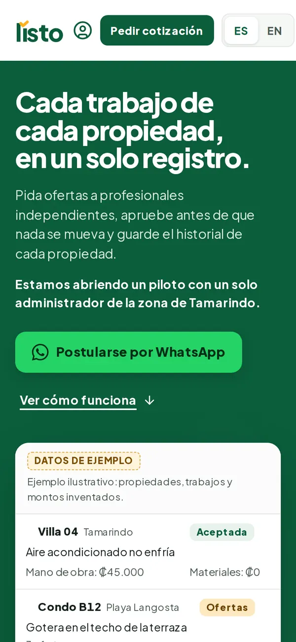 Listo: Pilot for property managers in Tamarindo