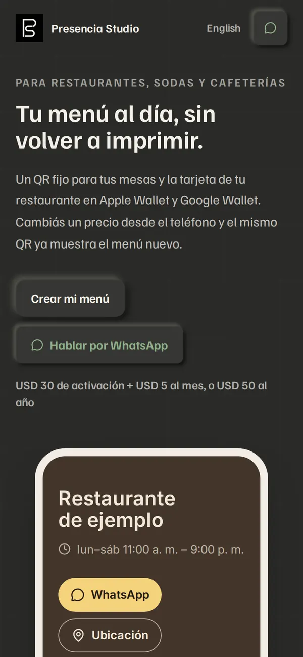 Presencia Studio: QR menu for restaurants