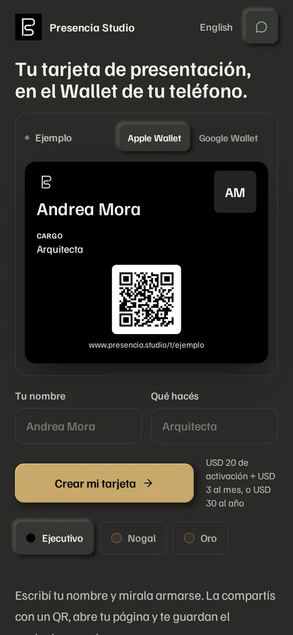 Presencia Studio: Digital card in the phone wallet
