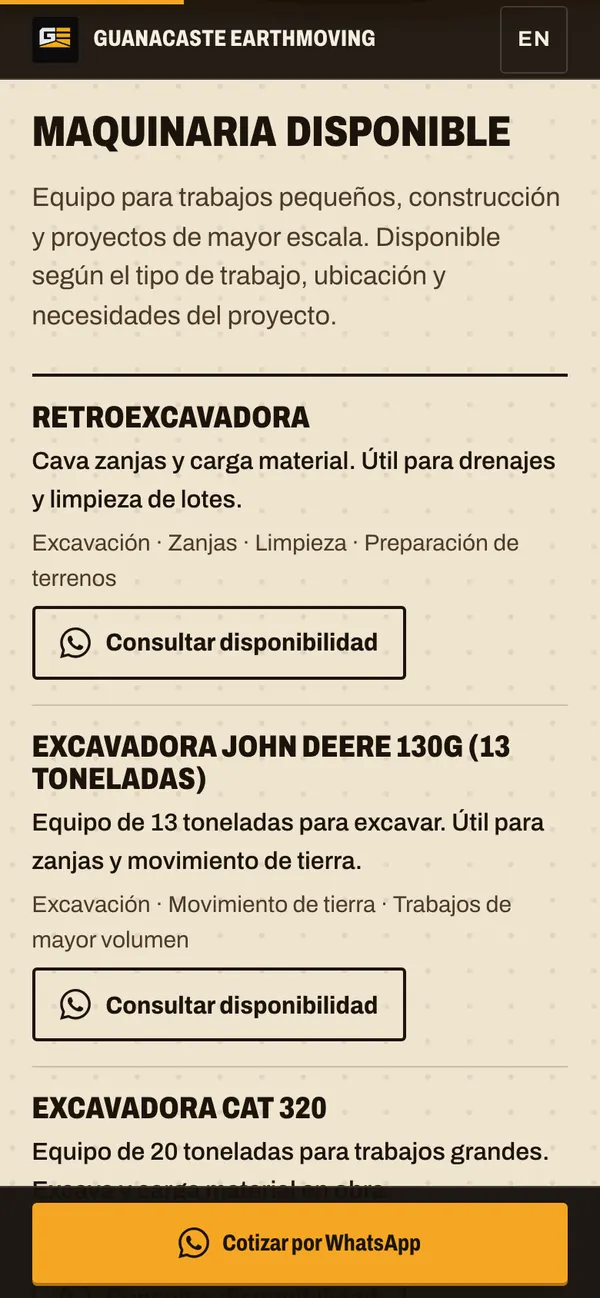Guanacaste Earthmoving: Fleet with spec sheets