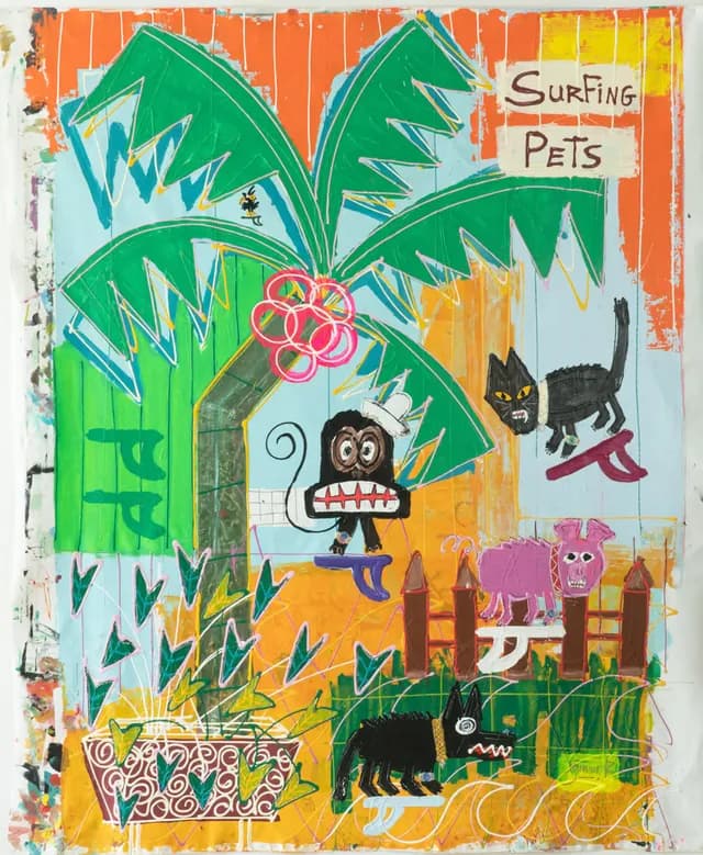 Painting by JR Rodríguez: animals surfing under palm trees