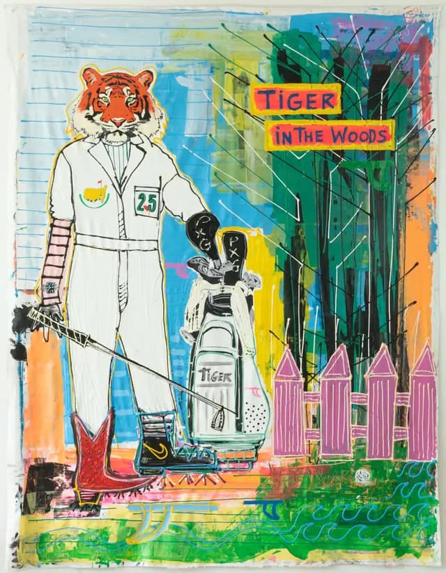 Painting by JR Rodríguez: a tiger in a white suit among trees